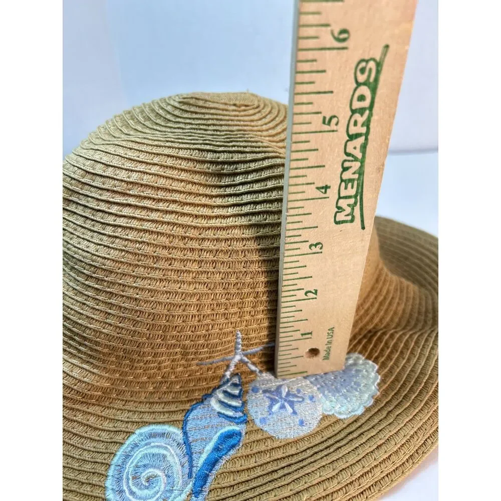 Steve Madden NWOT Women's Tan Sea Shell Embroidered Packable Sun Hat
